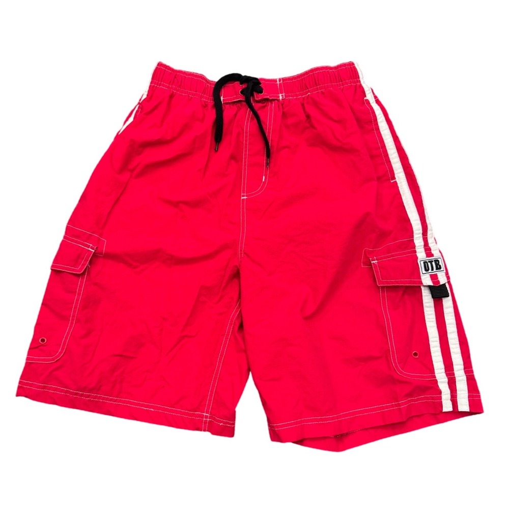 OTB One Tough Brand Boys XL 18/20 Red Cargo Swim Trunks White Stripes Shorts
